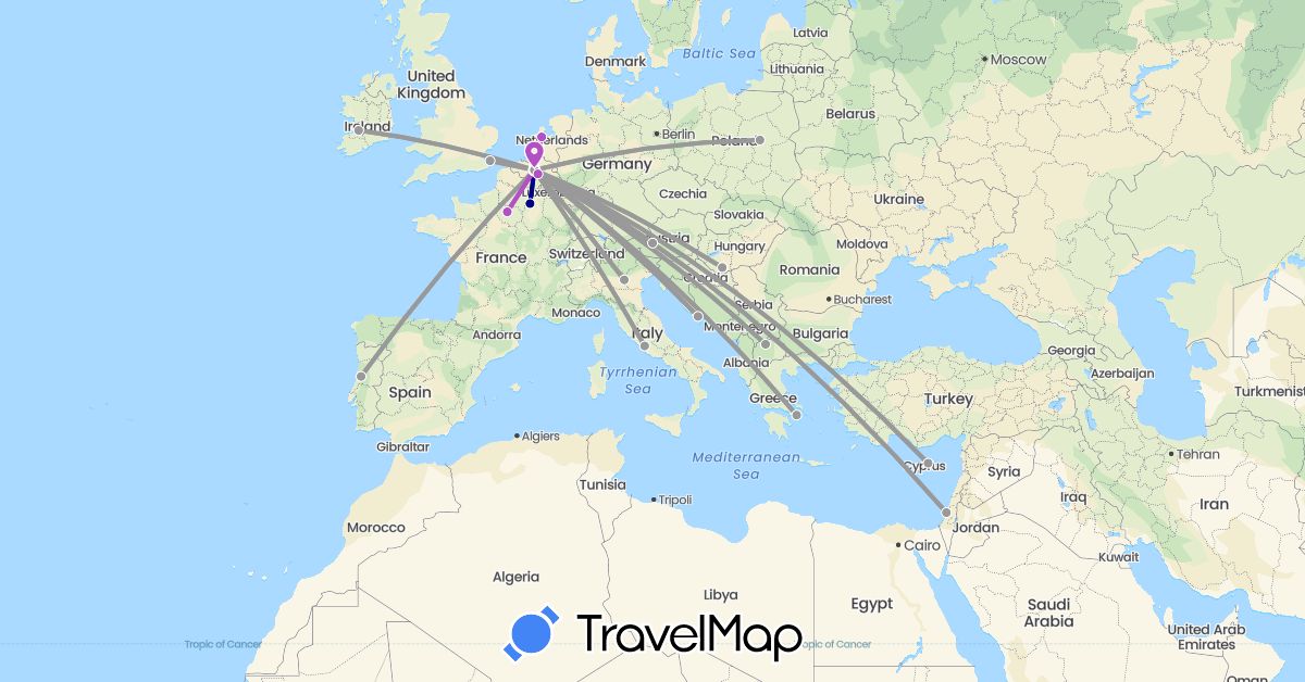 TravelMap itinerary: driving, plane, train in Austria, Belgium, Cyprus, France, United Kingdom, Greece, Croatia, Hungary, Ireland, Israel, Italy, Macedonia, Netherlands, Poland, Portugal (Asia, Europe)